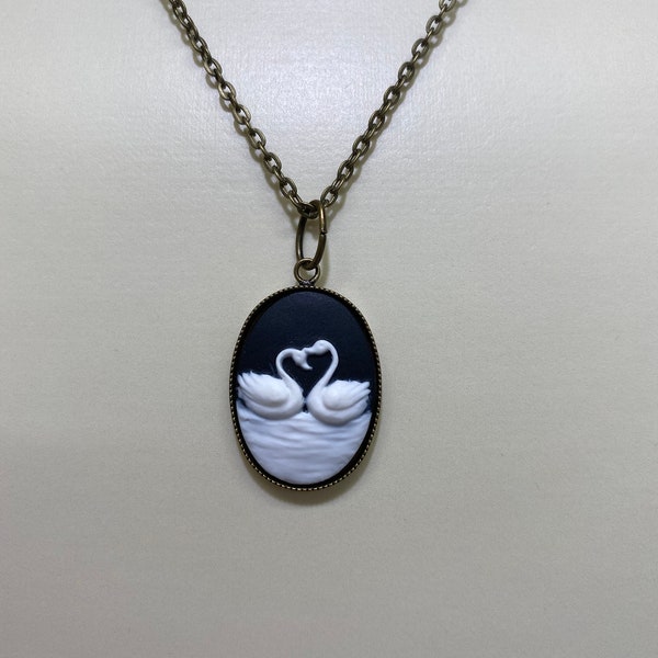 18" swans cameo pendant on brass