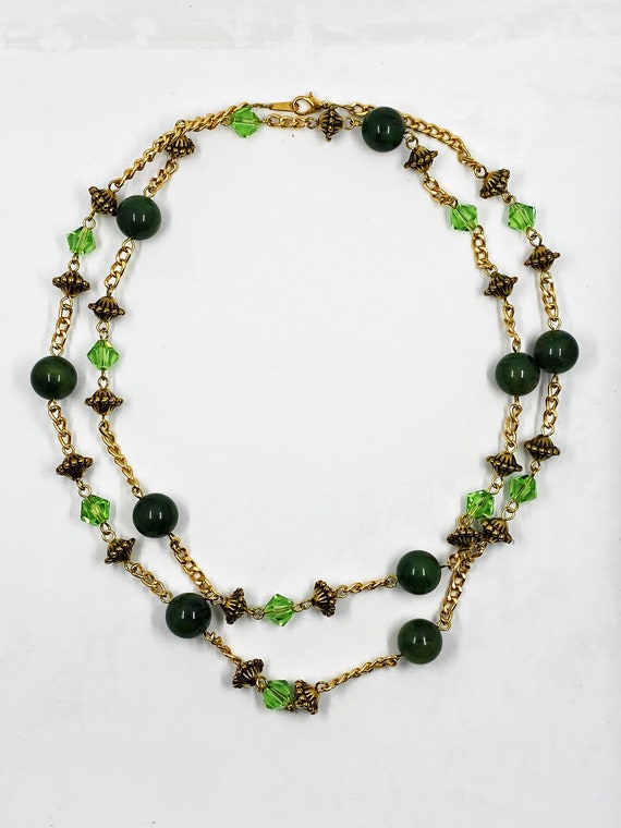 41" green vintage bead, green Swarovski crystal, and gold chain necklace