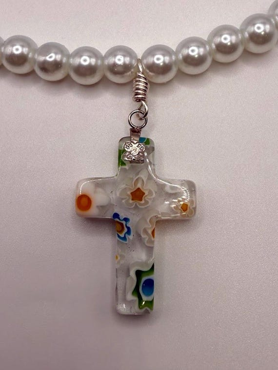 19" pearl necklace with millefiori glass cross