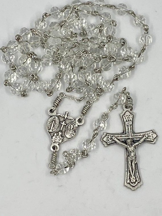20" clear crystal bead rosary with Trinity center