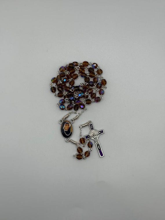 20.5" smoky topaz AB faceted glass bead rosary with Divine Mercy center and purple enamel crucifix