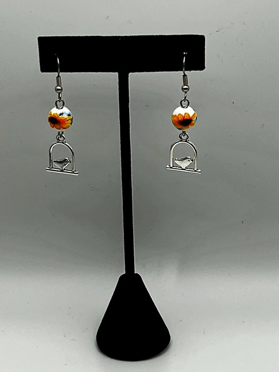 Sunflower and bird charm earrings