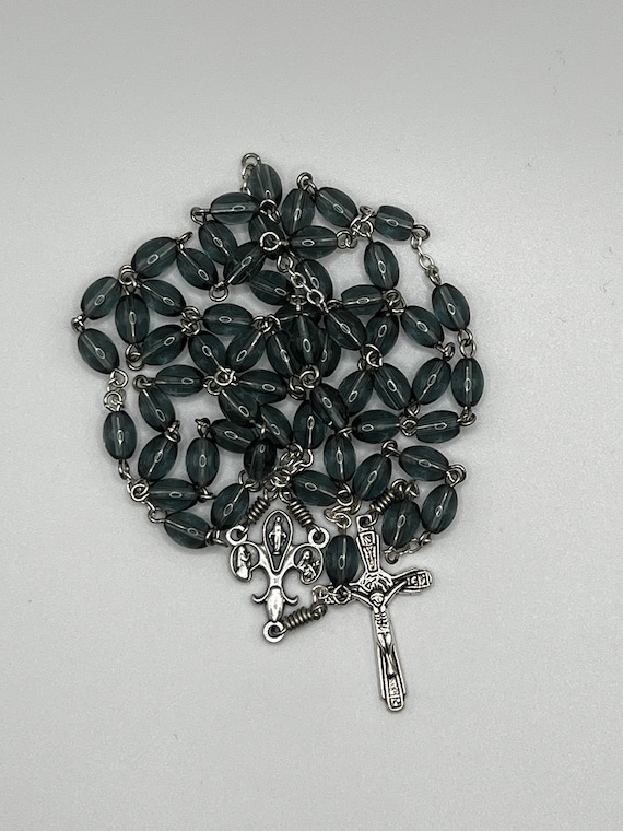 24" dark gray glass oval bead rosary (2 options)