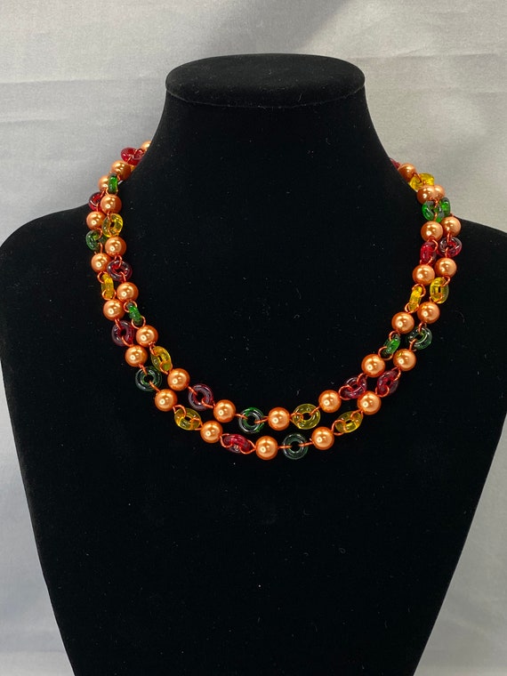 35" fall colors pearl and glass necklace