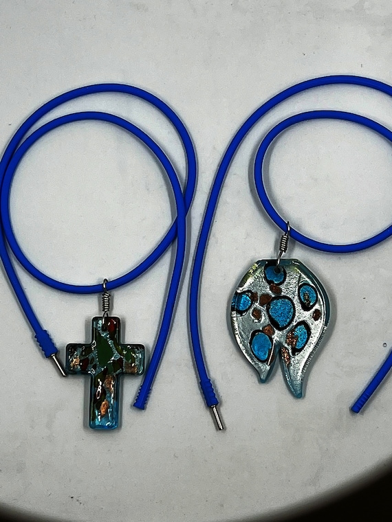 20" lampwork glass cross or tulip on blue rubber cord