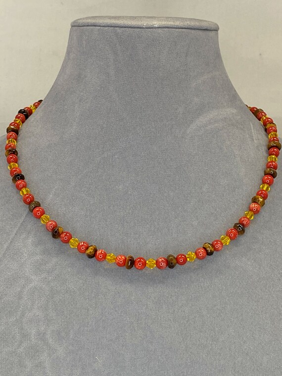 17" crystal, bamboo coral, and tiger eye necklace