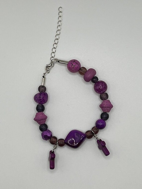 7" purples with cross charms bracelet