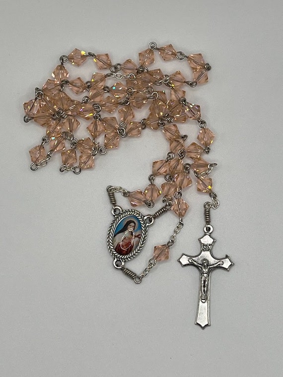 24.5" peach Swarovski crystal rosary with St Therese Lisieux center