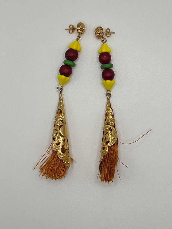 Wood, glass, and tassel post earrings