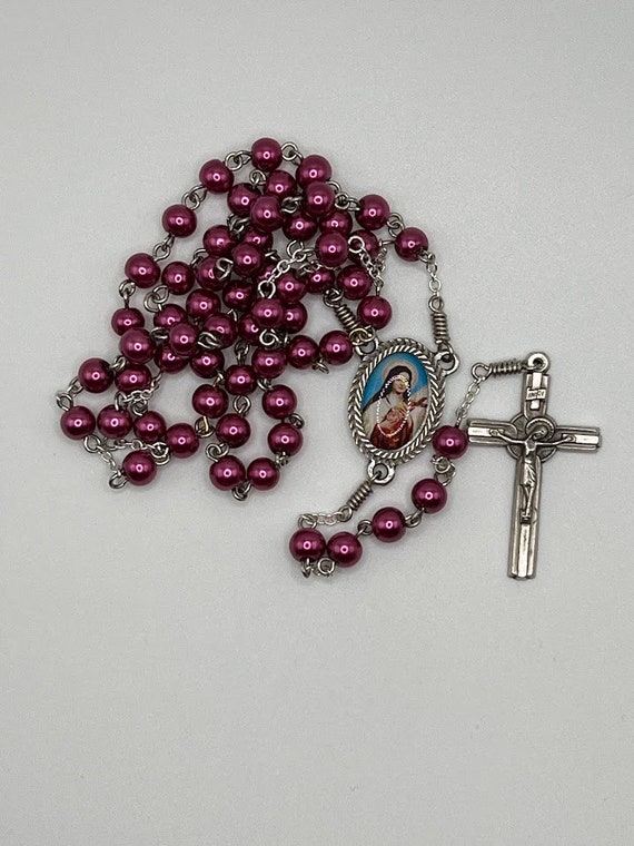 20" berry pearl bead rosary with epoxy St Therese Lisieux center