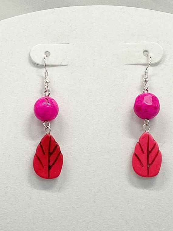 2" pink or green howlite leaf earrings