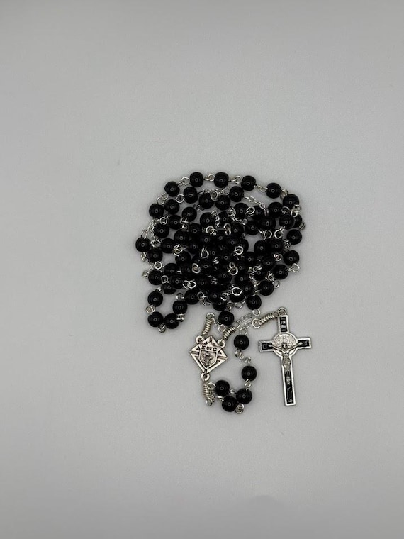 25" black glass bead crown rosary