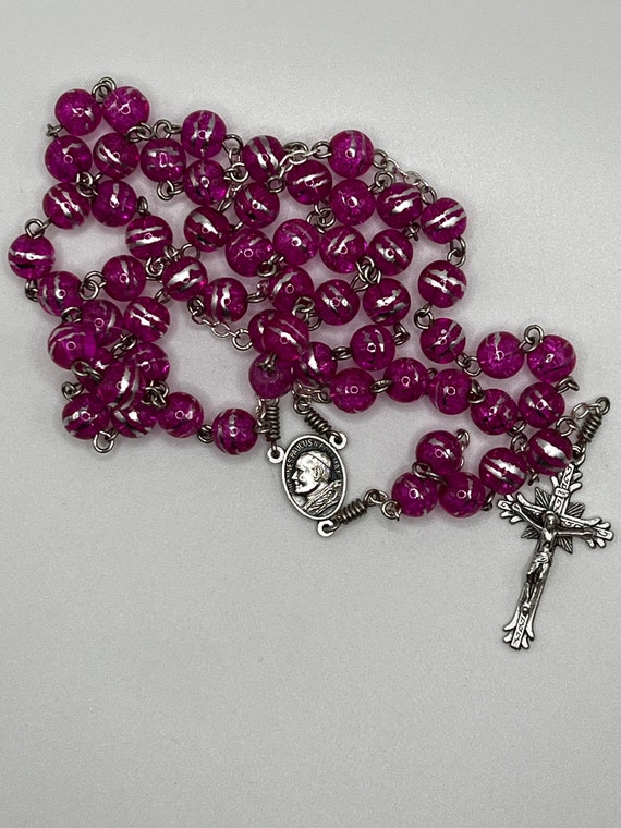 22" pink and silver stripe bead rosary with Pope JPII center and sunburst crucifix