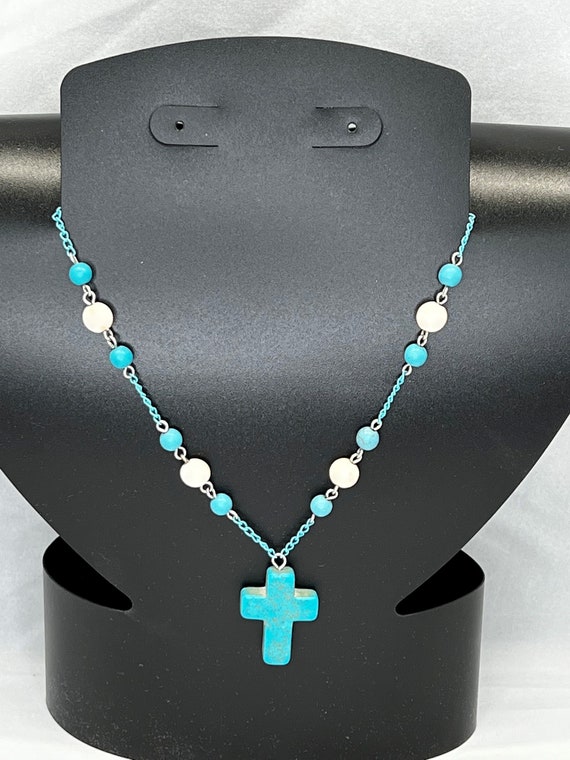 21" turquoise howlite cross necklace