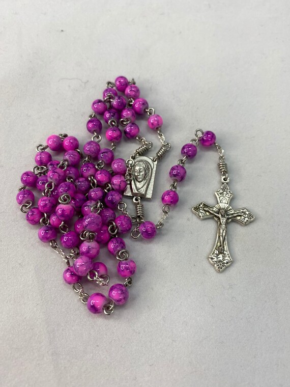 18.5" pink marbled bead rosary with Madonna center