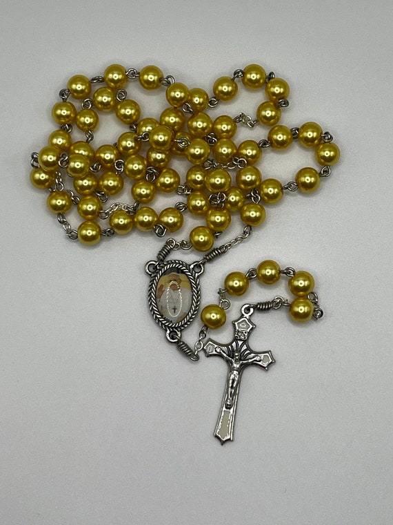 22.5" yellow glass pearl rosary with enamel Pope Francis center and enamel inlay crucifix