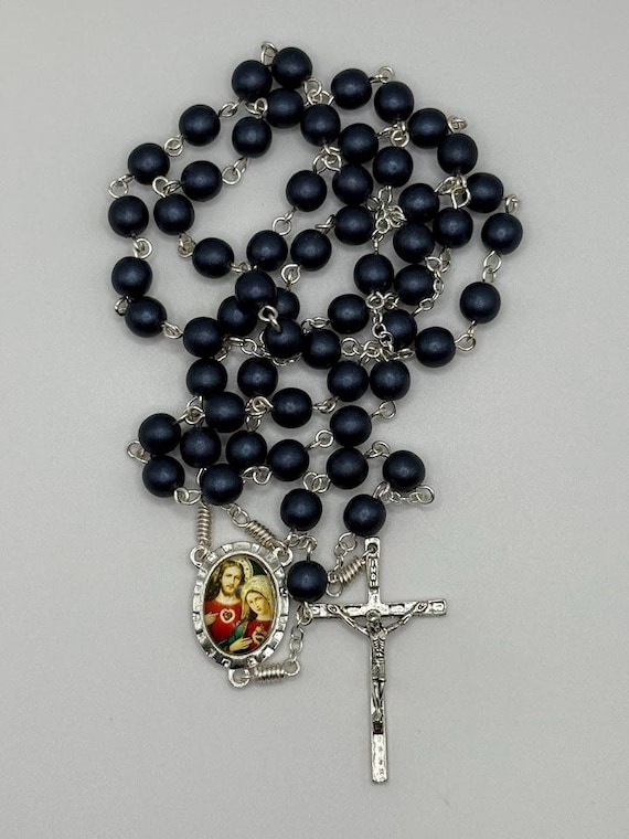 24.5" blue satin bead rosary with Immaculate Heart of Mary/Sacred Heart of Jesus center and thin crucifix