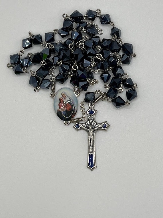 24.5" blue crystal bead rosary with enamel St. Ann center and blue inlay crucifix