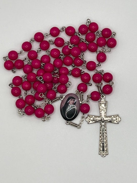 24" bright pink bead rosary with St Faustina center