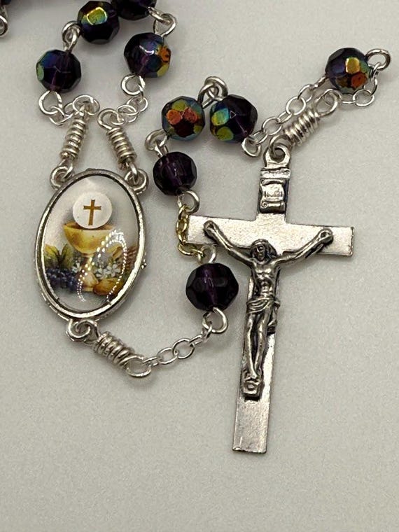 26.5" purple glass bead 7 decade crown rosary with Eucharist center and simple crucifix