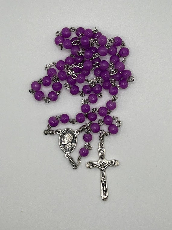 18" purple glass bead rosary with JPII center and Save and Protect crucifix