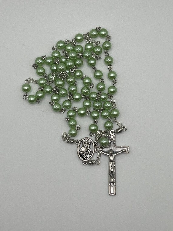 19" green pearl bead rosary with Sacred Heart center