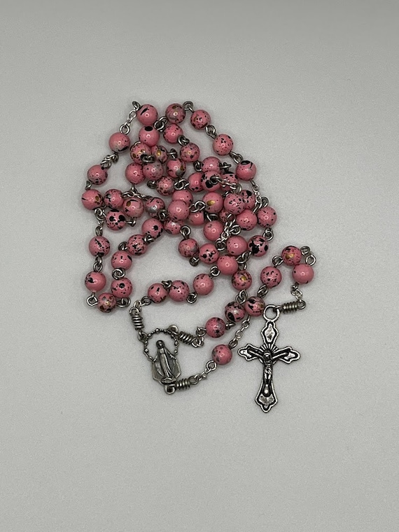 18" pink/silver/gold/black paint splatter bead rosary with Miraculous Medal center