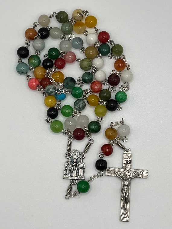 24.5" multi gemstone bead rosary with Coronation of Our Lady center and woodgrain crucifix