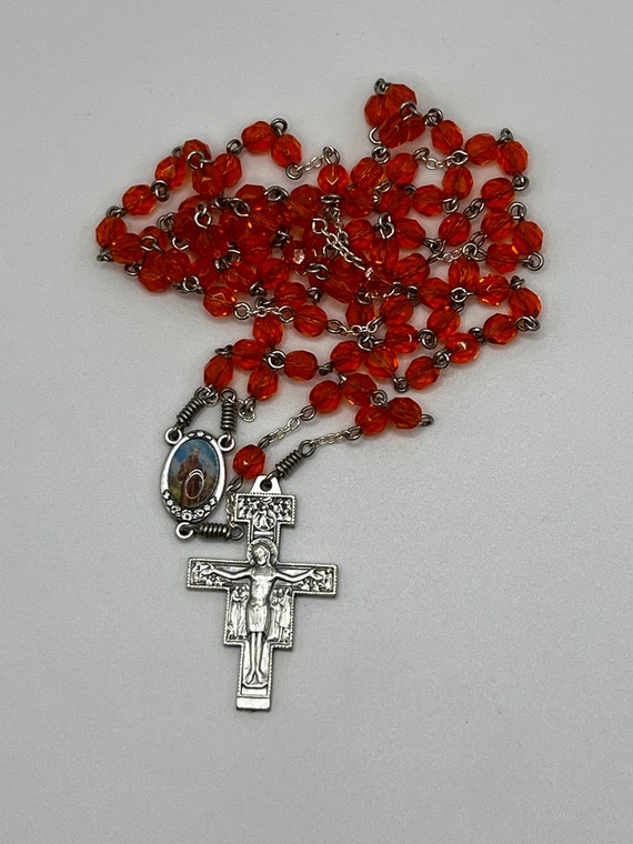 25.5" orange glass bead 7 decade Franciscan Crown rosary