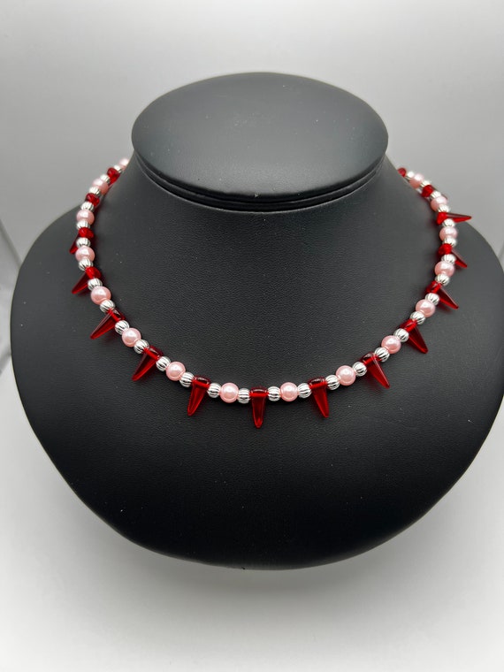17" pink silver red necklace