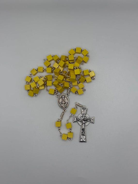 21.5" yellow wooden cube bead rosary