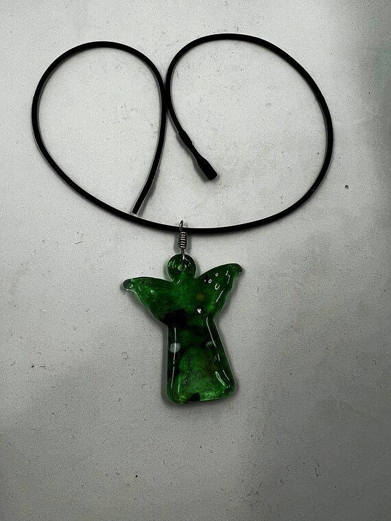 18" green lampwork glass angel on black rubber cord