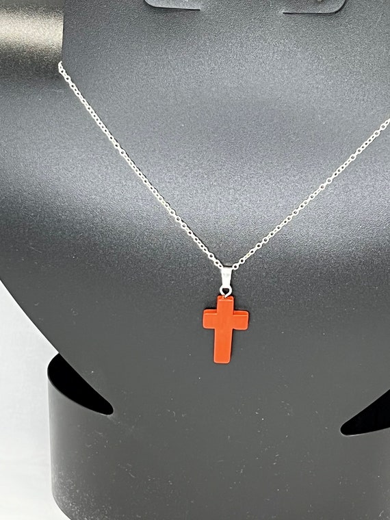 20" red jasper cross pendant on silver chain with lobster clasp