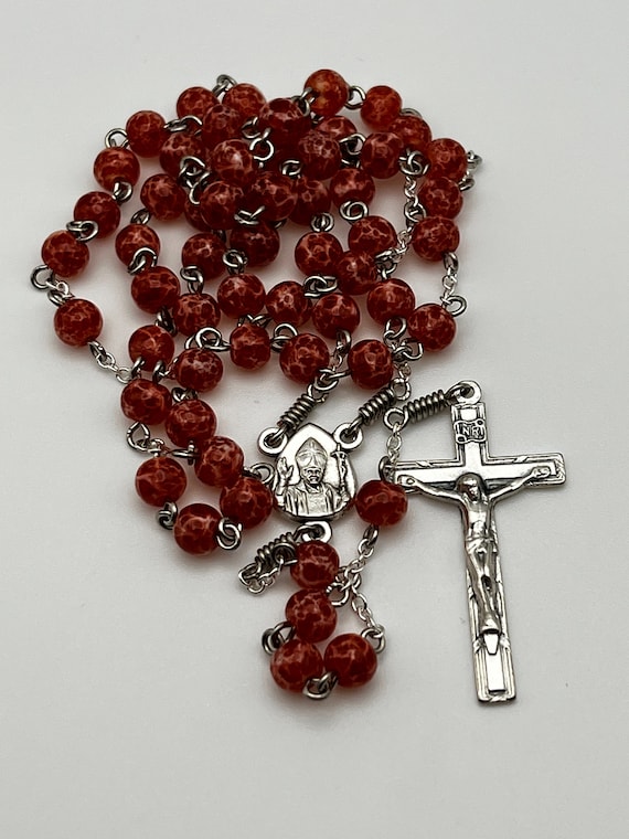 19" red speckled bead rosary with Pope JPII center