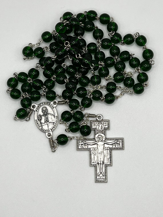 29.5" emerald green glass bead 7 decade Franciscan Crown rosary