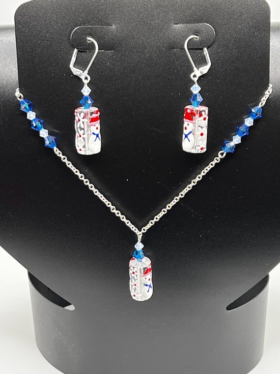 Glass bead snowman necklace and earring set