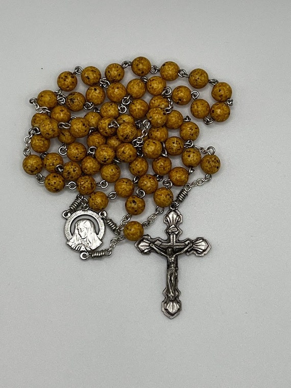 21.5" yellow speckled bead rosary with Madonna/Sacred Heart center