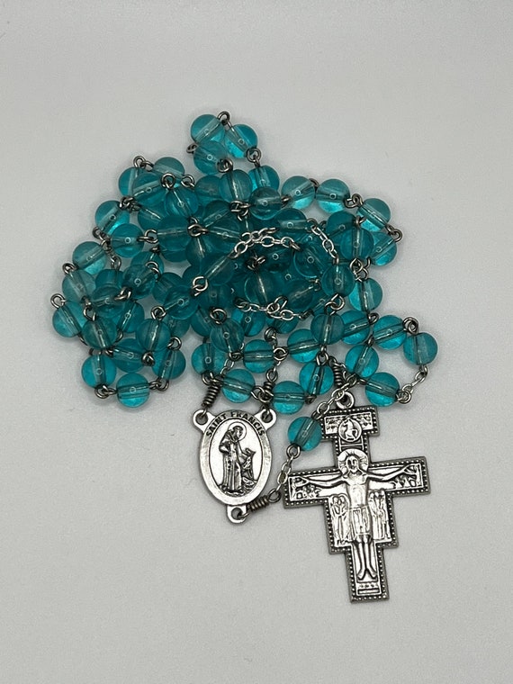 29" turquoise glass 7 decade Franciscan Crown rosary