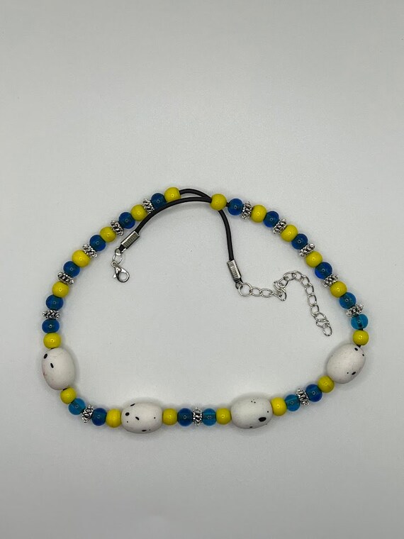 16" white, blue, and yellow necklace