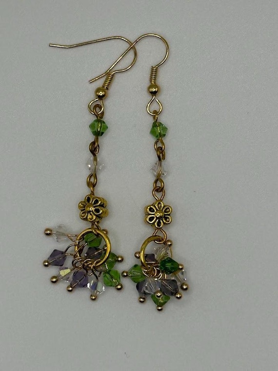 Purple, green, and clear crystal earrings