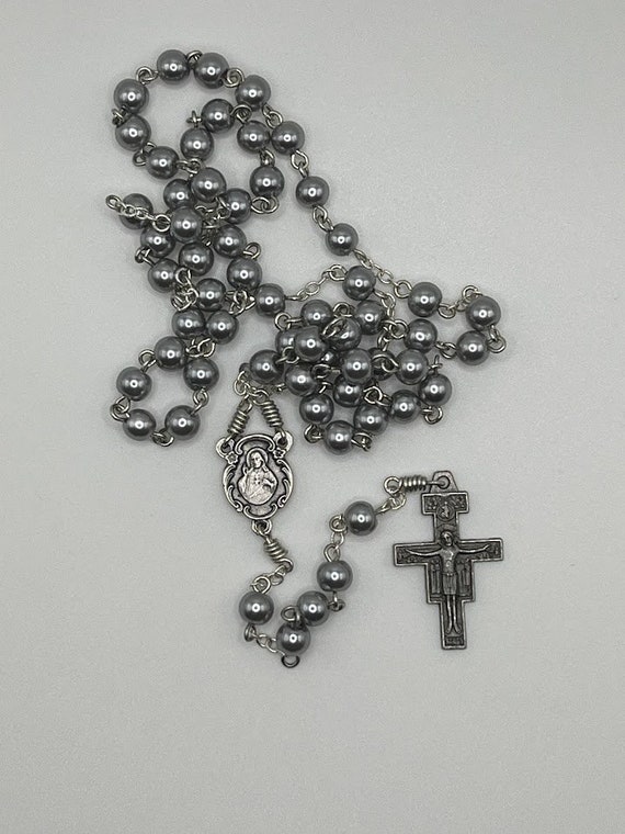 19" steel pearl bead rosary with Sacred Heart center and San Damiano crucifix