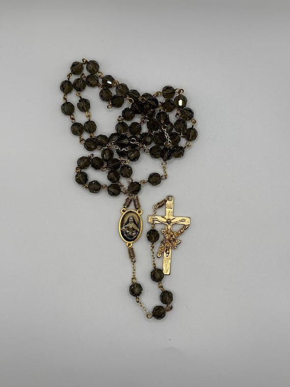 25" gray faceted crystal bead rosary with St Therese of Lisieux center and crucifix set