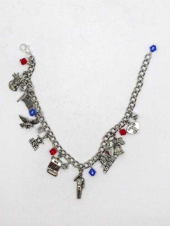 8" silver tone patriotic charm bracelet