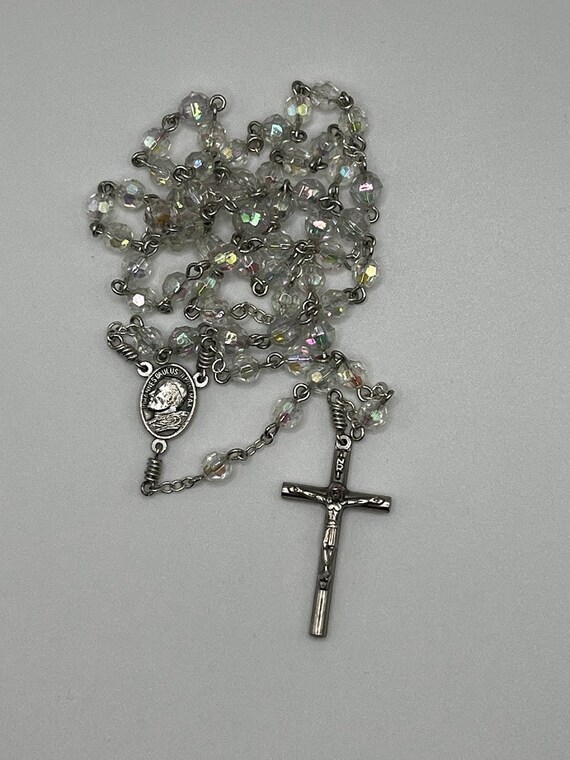 20.5" clear faceted bead rosary with Pope JPII center and round crucifix