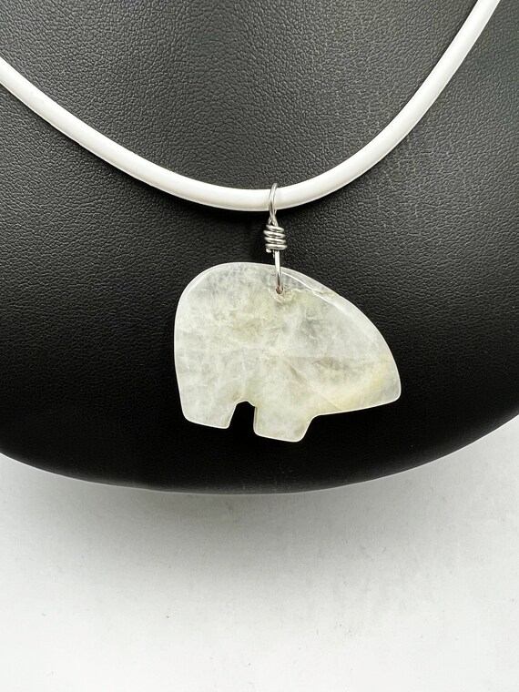 20" snowy quartz carved bear pendant