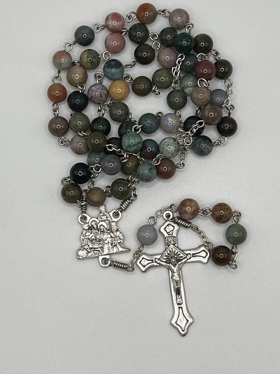 24.5" fancy jasper bead rosary with Nativity center and diamond crucifix