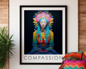 PRINTABLE Spiritual Yoga Art | Vivid Colorful Flowers | Yoga Studio Home Decor | Inspirational Meditation | Wall Art Prints | "Compassion"
