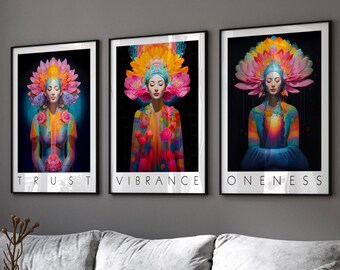 SET of 3 PRINTABLE Spiritual Yoga Studio Wall Art Prints | Trust, Vibrance, Oneness | Inspirational Meditation | Vivid Colorful Home Decor