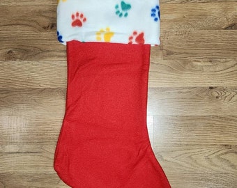 Red Christmas Holiday Stocking w/ Dog Puppy Animal Paw Print Cuff