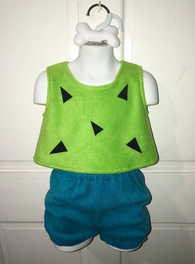 READY TO SHIP Pebbles Flintstones Child Halloween Costume Lime Top w/ Turquoise Bloomers Bone Hair Clip image 1